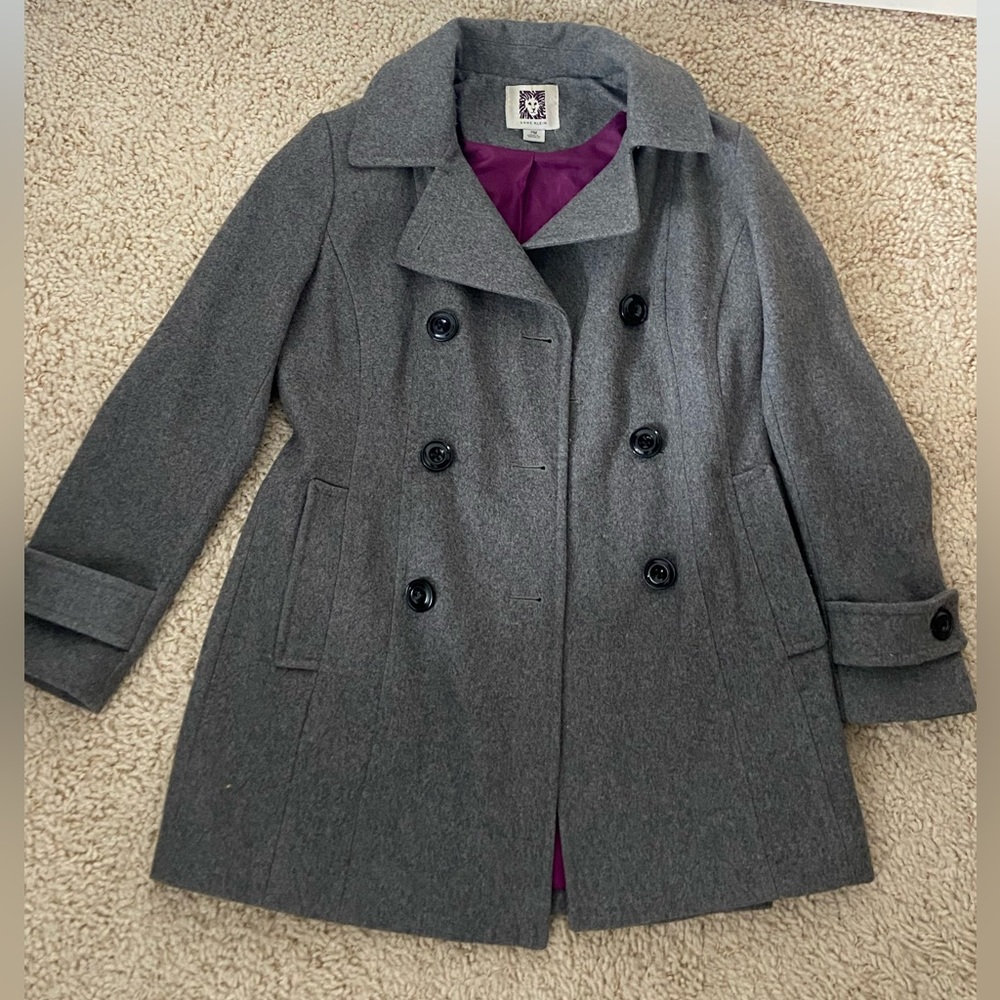 Gray Anne Klein Wool Blend double button Pea Coat Petite Medium